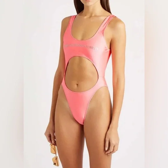 NWT Alexander Wang Rhinestone Logo Cutout Swimsuit Neon Pink One Piece Size S - Picture 3 of 10